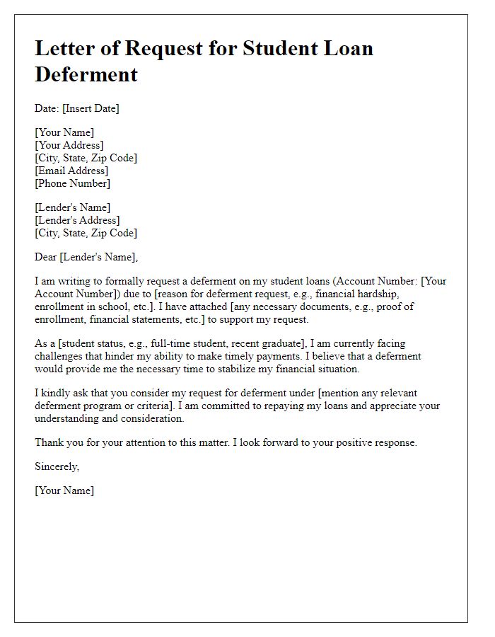 Letter template of submission for student loan deferment consideration