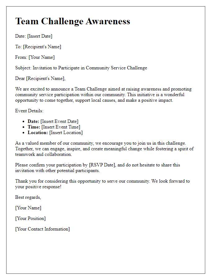 Letter template of team challenge awareness for community service participation.