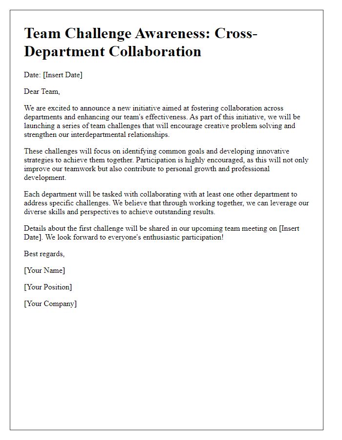 Letter template of team challenge awareness for cross-department collaboration.