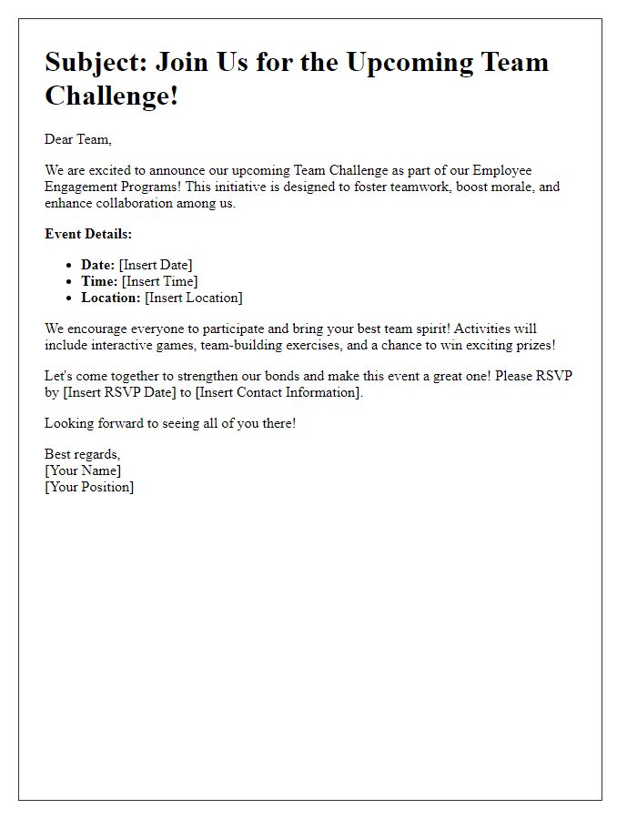 Letter template of team challenge awareness for employee engagement programs.