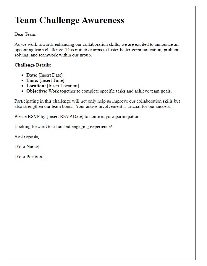 Letter template of team challenge awareness for enhancing collaboration skills.