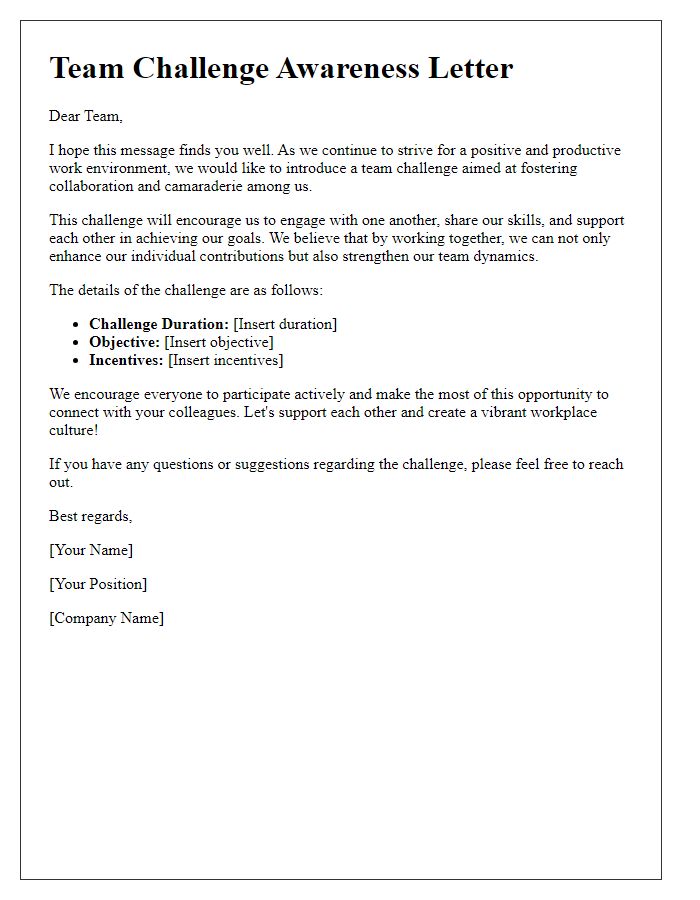 Letter template of team challenge awareness for fostering a positive work environment.