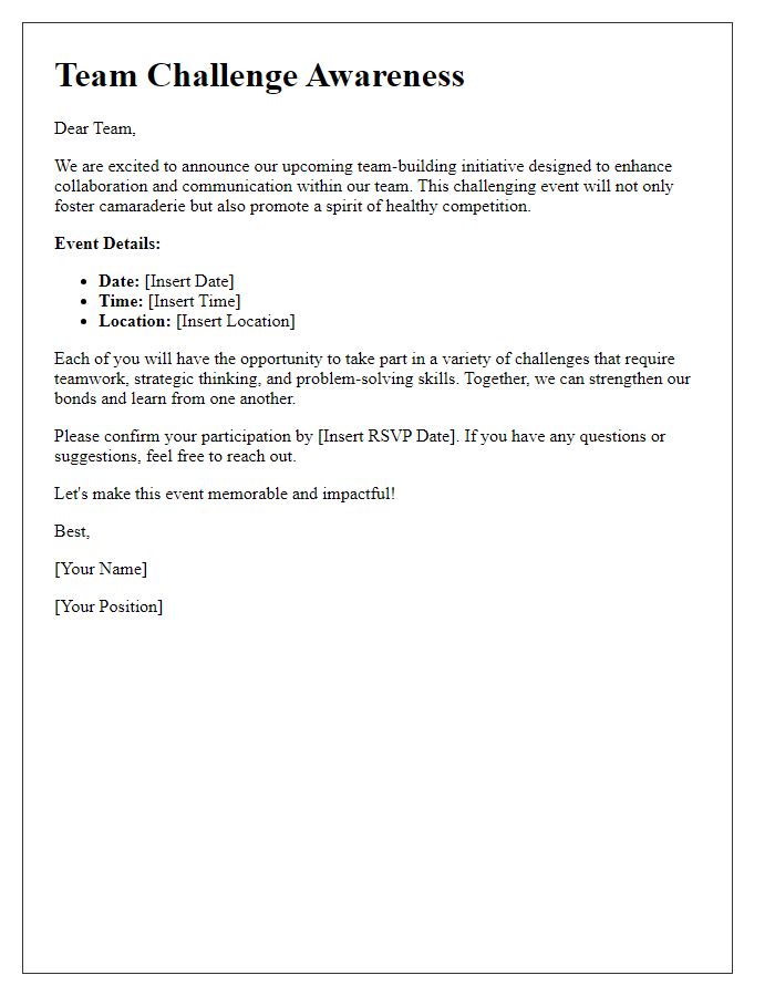 Letter template of team challenge awareness for team-building initiatives.