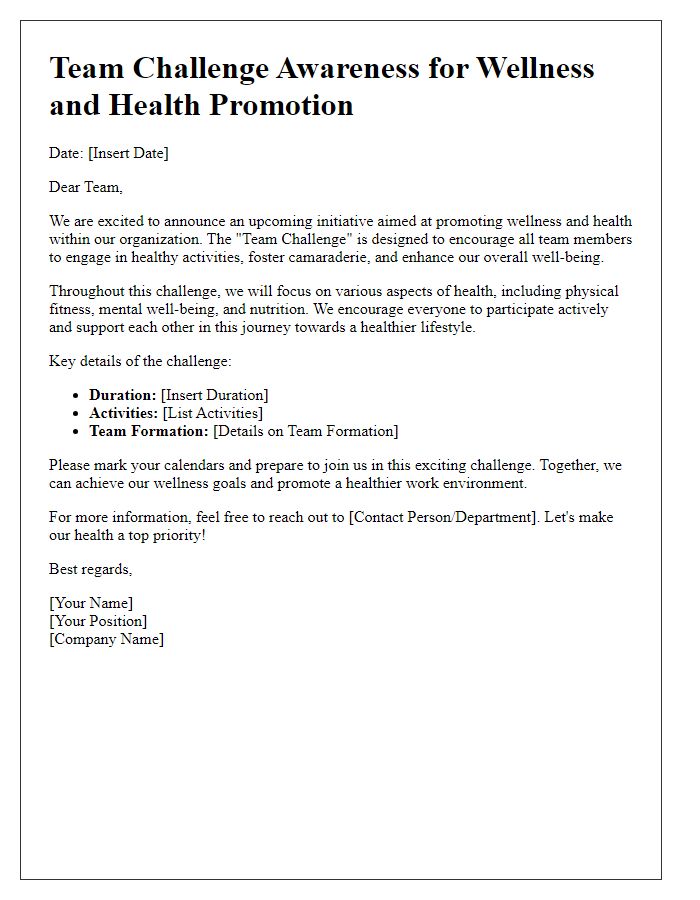 Letter template of team challenge awareness for wellness and health promotion.