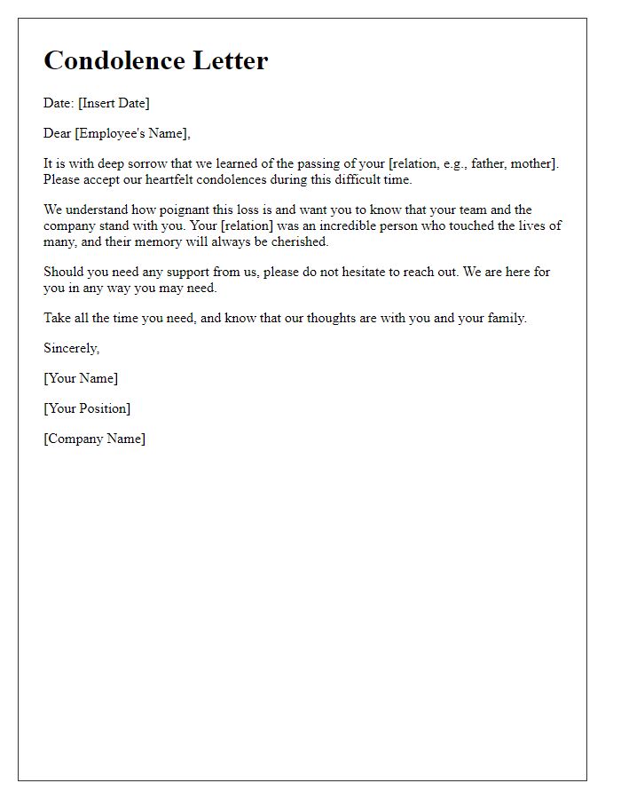 Letter template of heartfelt condolences for employee loss