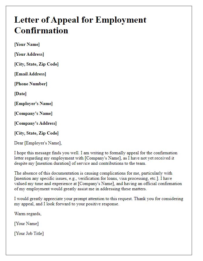 Letter template of appeal for employment confirmation letter