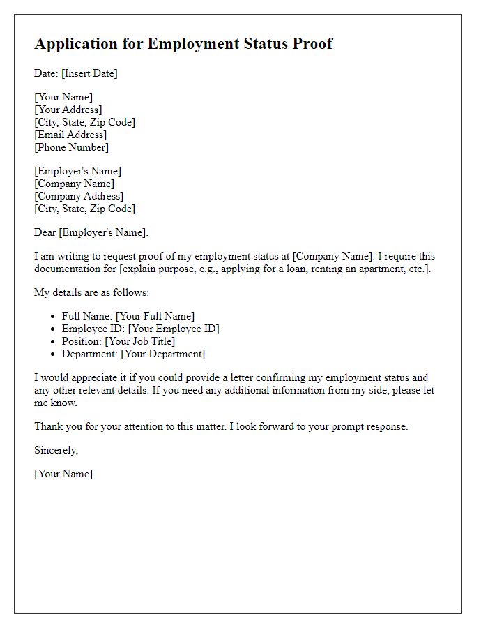 Letter template of application for employment status proof