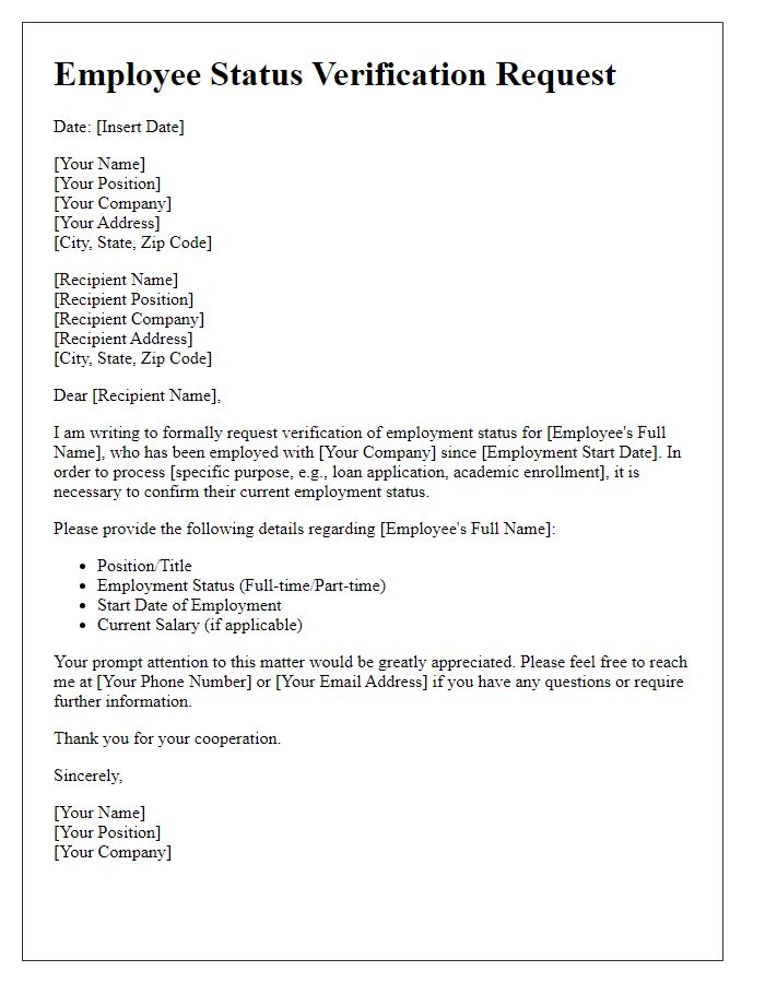 Letter template of demand for employee status verification