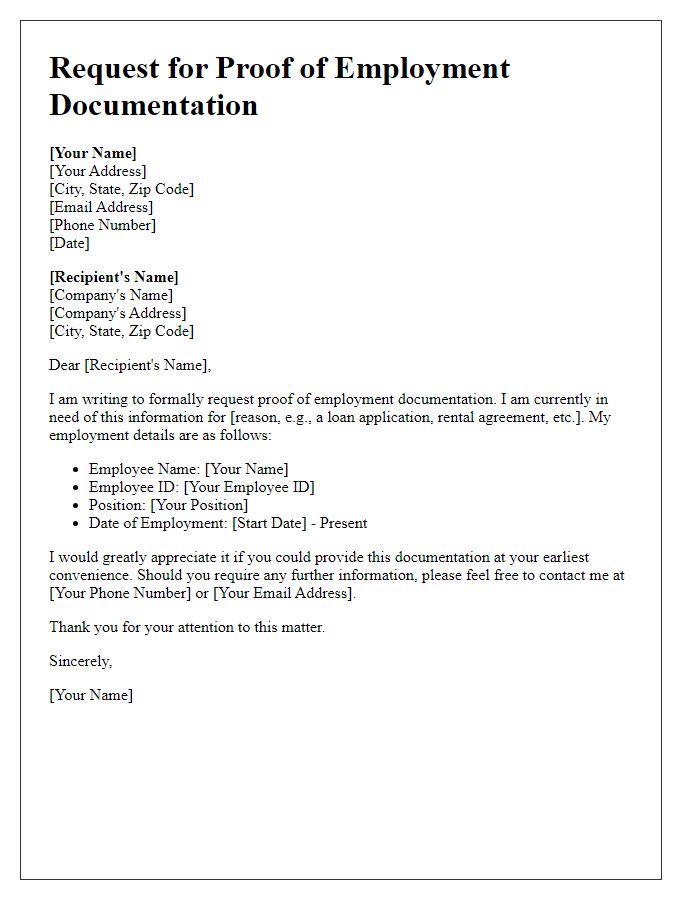 Letter template of petition for proof of employment documentation