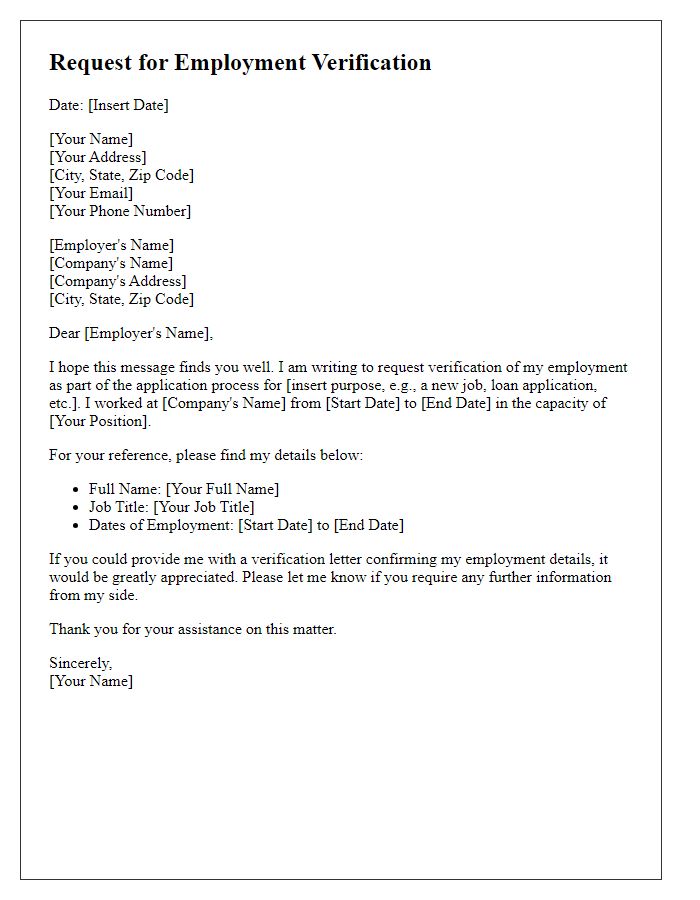 Letter template of request for employment verification document