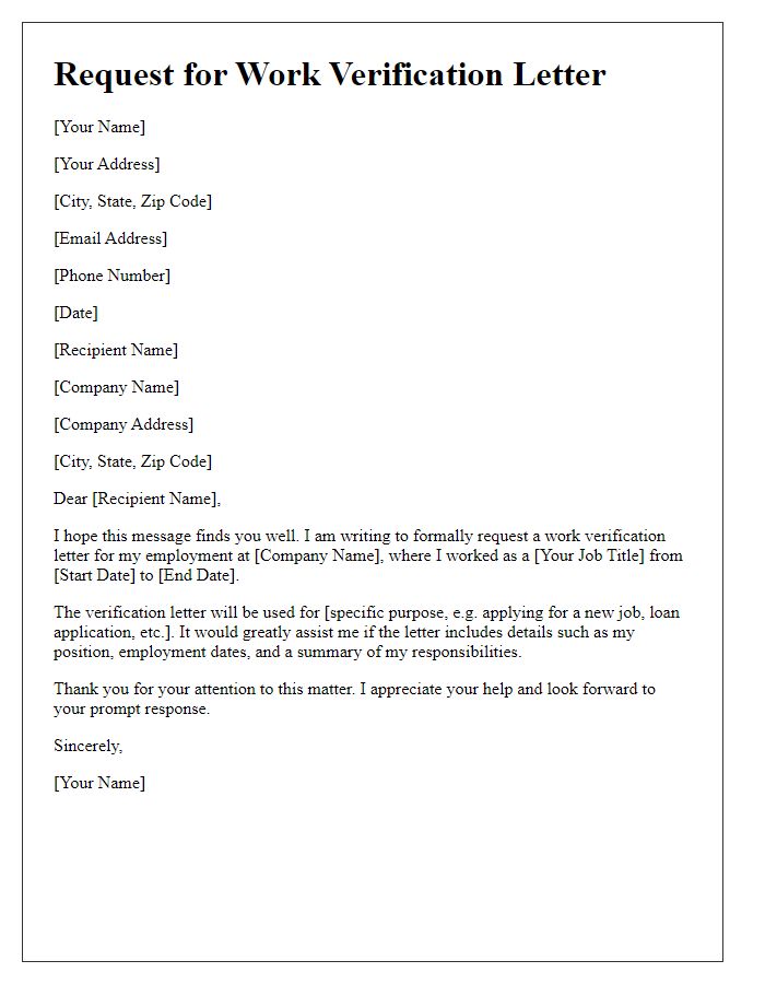 Letter template of request for a work verification letter