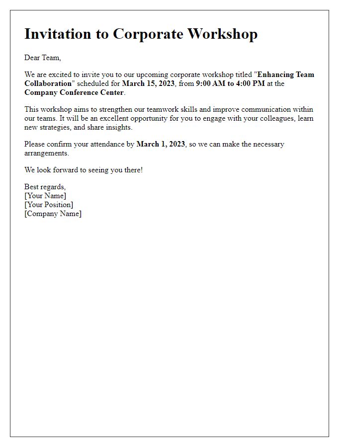 Letter template of invitation for team members to join a corporate workshop.