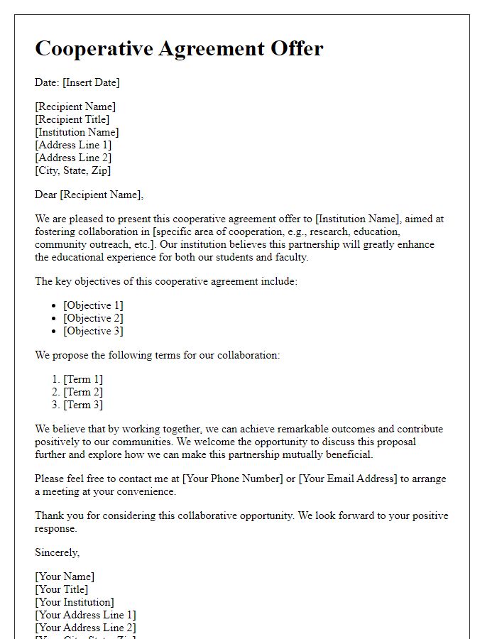 Letter template of cooperative agreement offer for learning institution