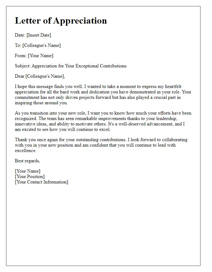 Letter template of appreciation for colleagues hard work leading to new role.