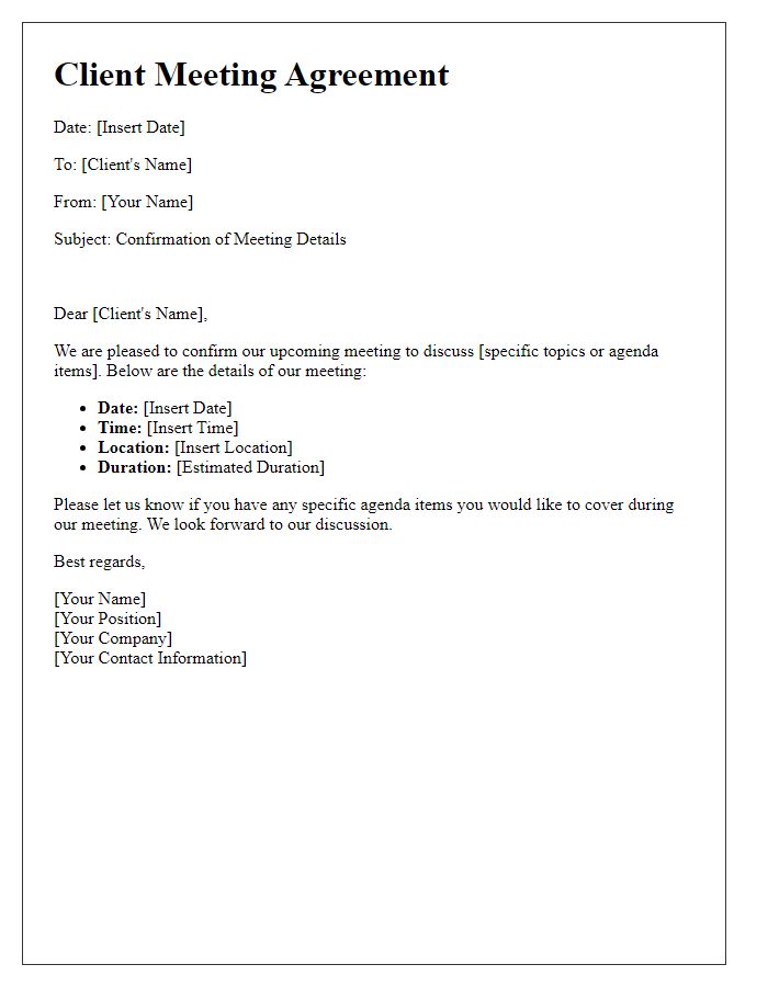 Letter template of agreement for client meeting details.