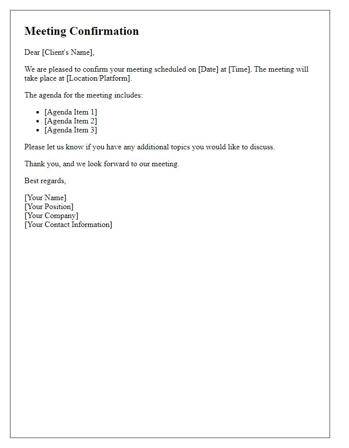 Letter template of confirmation for scheduled client meeting.
