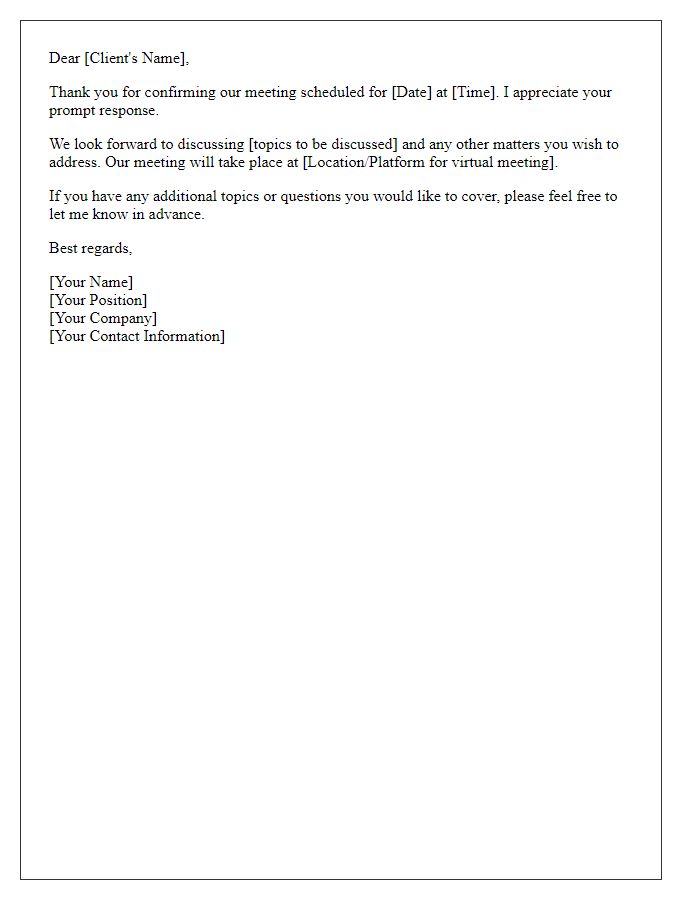 Letter template of response to client meeting confirmation.