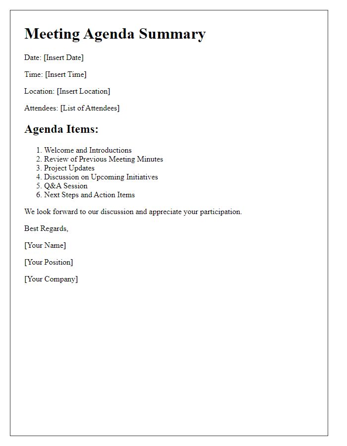 Letter template of summary for confirmed client meeting agenda.