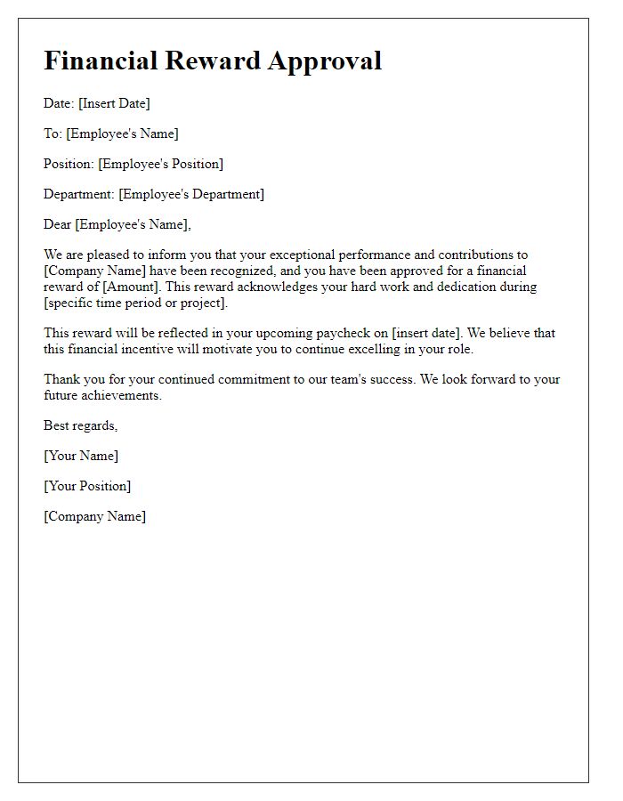 Letter template of financial reward approval for employee