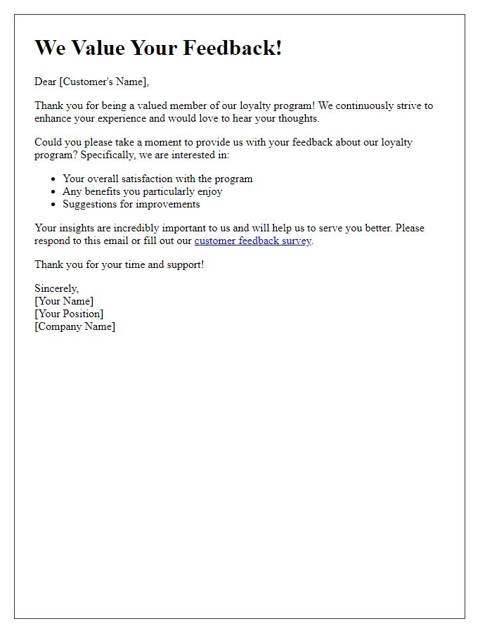 Letter template of customer feedback solicitation about loyalty program