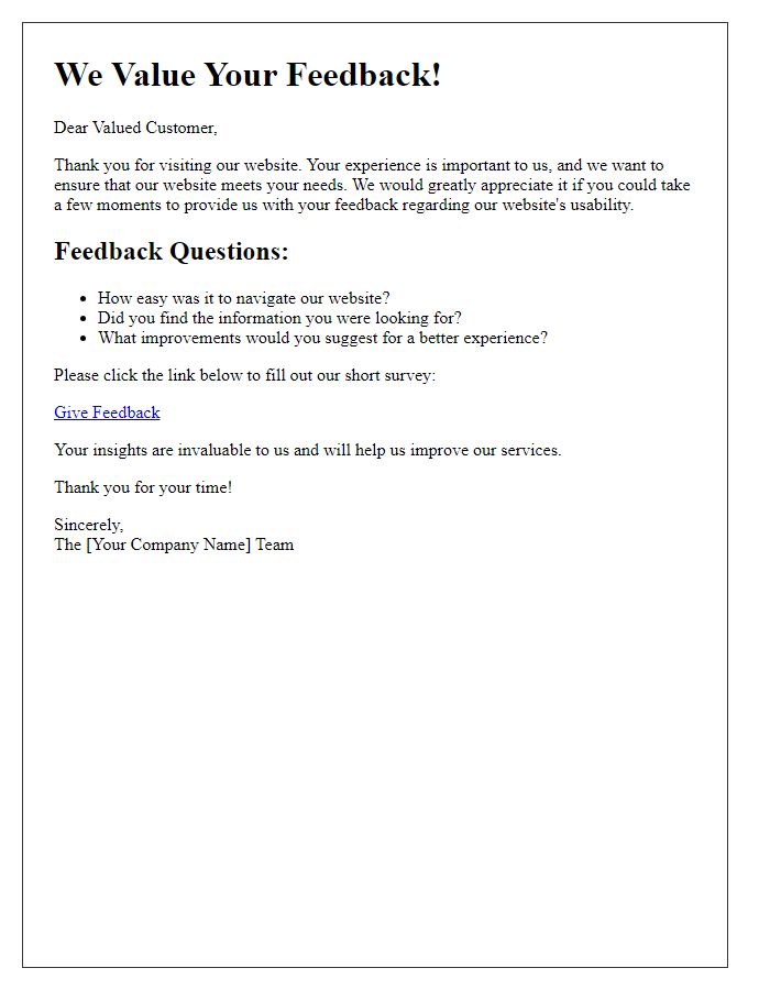 Letter template of customer feedback solicitation on website usability