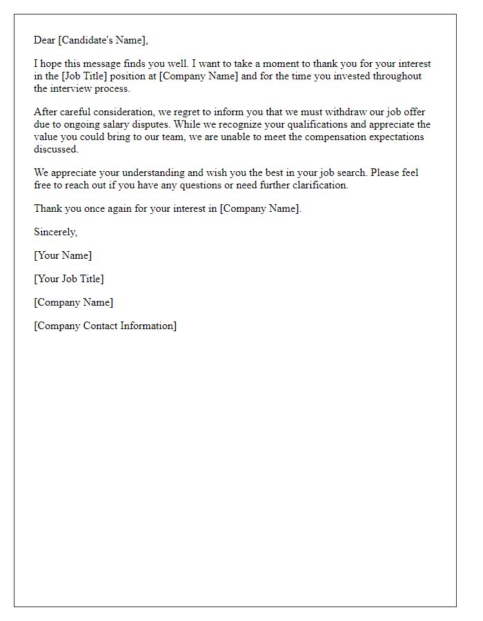 Letter template of job offer withdrawal citing salary disputes.