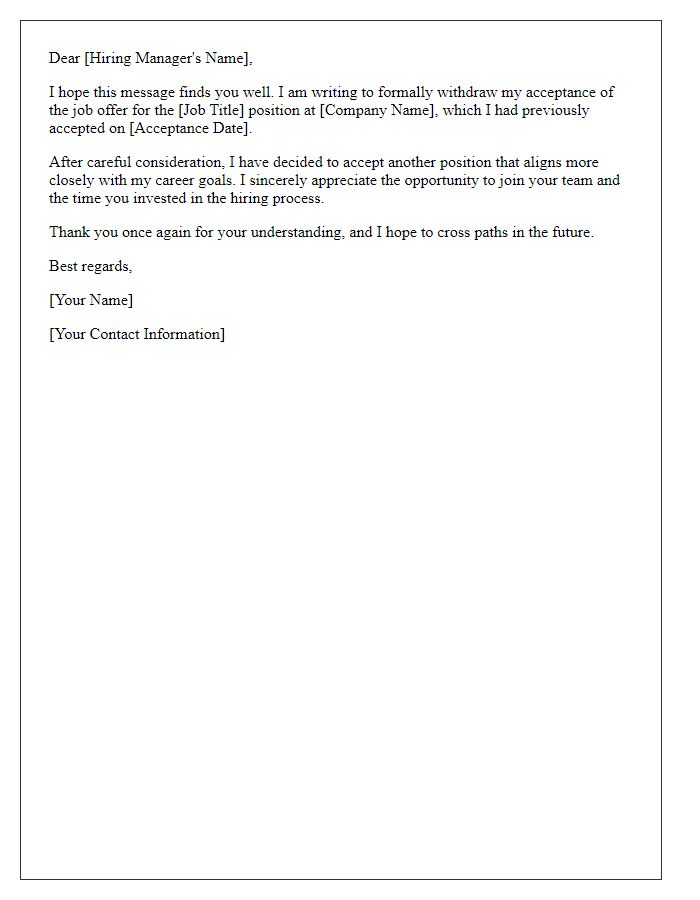 Letter template of job offer withdrawal due to accepting another position.