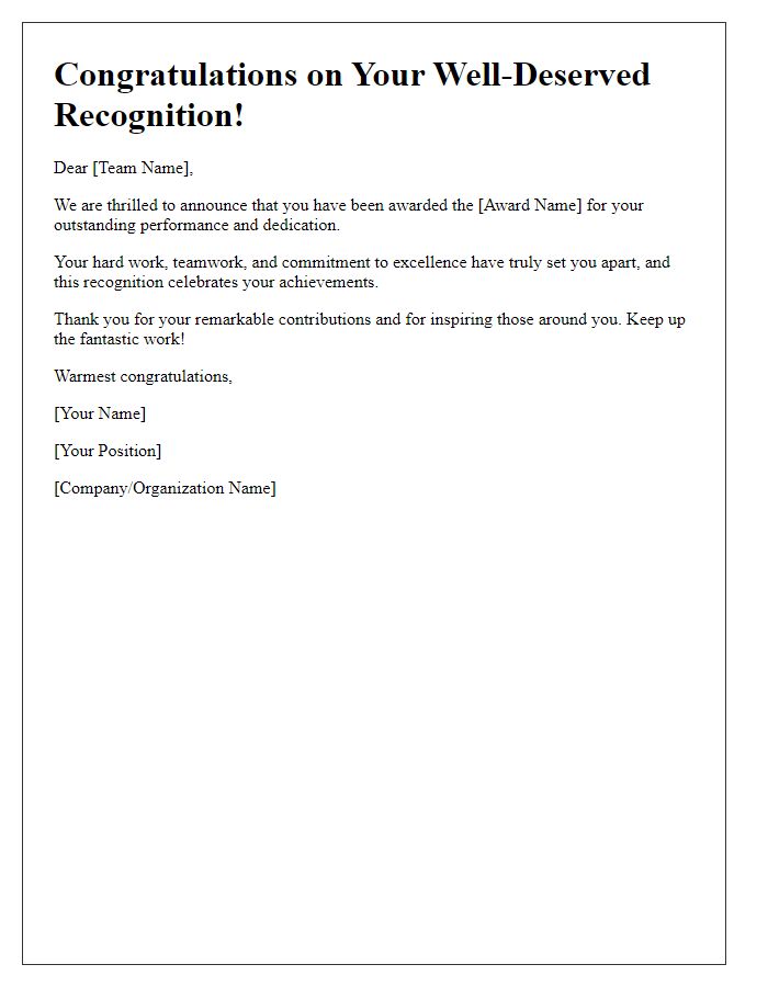 Letter template of team recognition award congratulations message