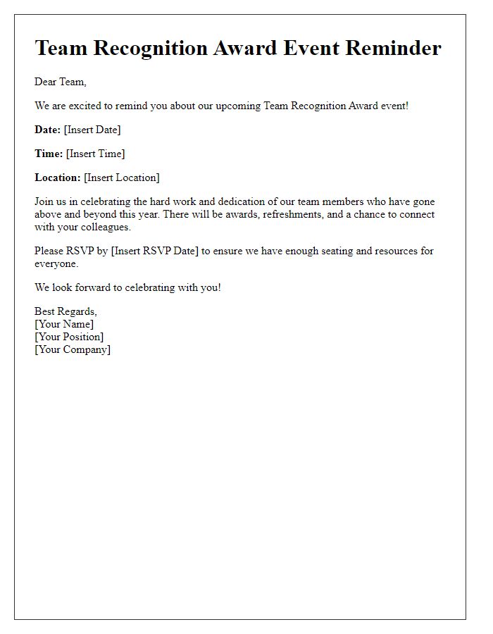 Letter template of team recognition award event reminder