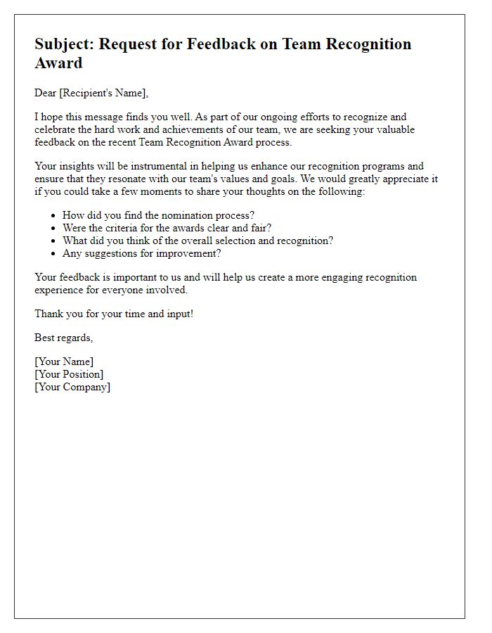 Letter template of team recognition award feedback request