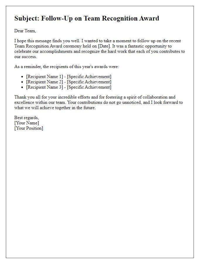 Letter template of team recognition award follow-up communication