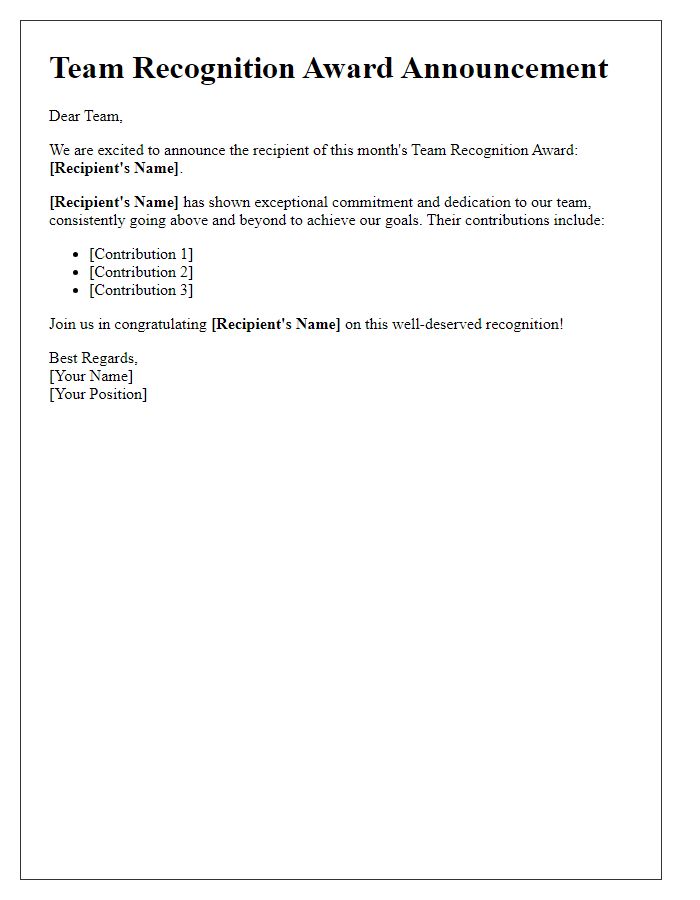 Letter template of team recognition award recipient announcement