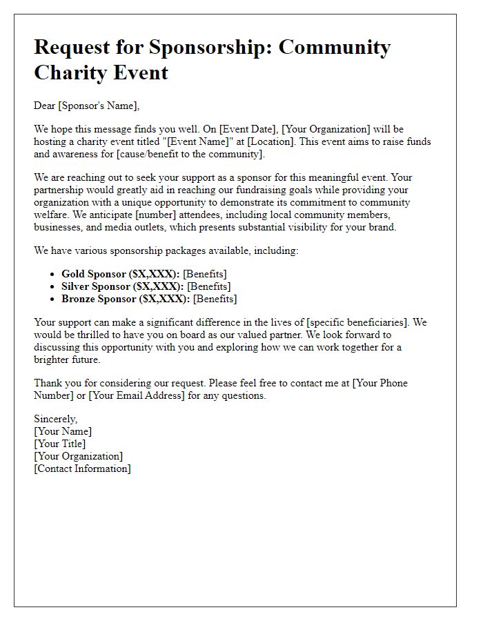 Letter template of charity event sponsorship appeal for community organizations.