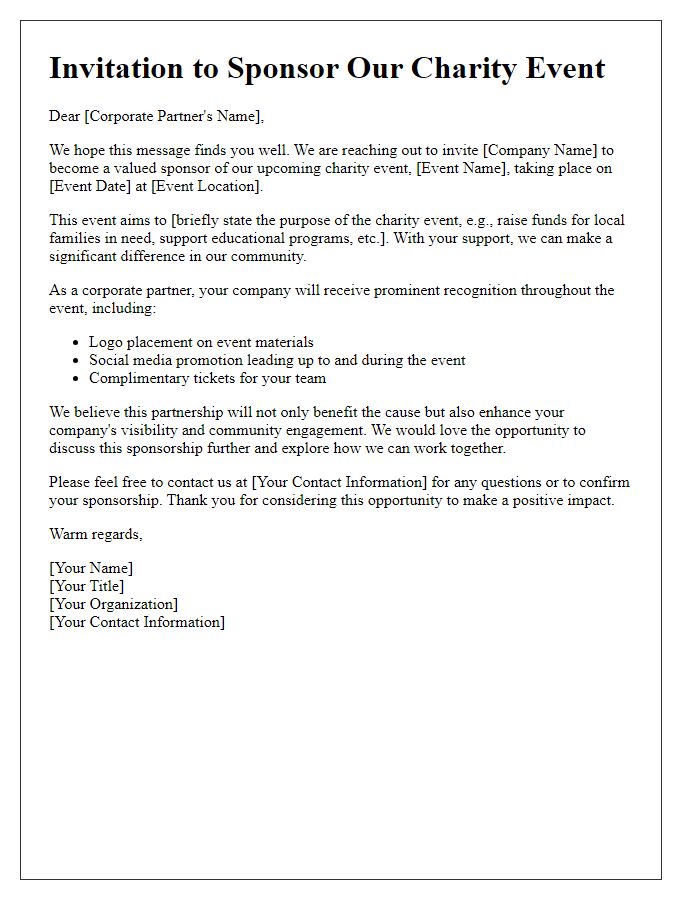 Letter template of charity event sponsorship invitation for corporate partners.