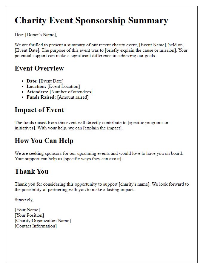 Letter template of charity event sponsorship summary for potential donors.