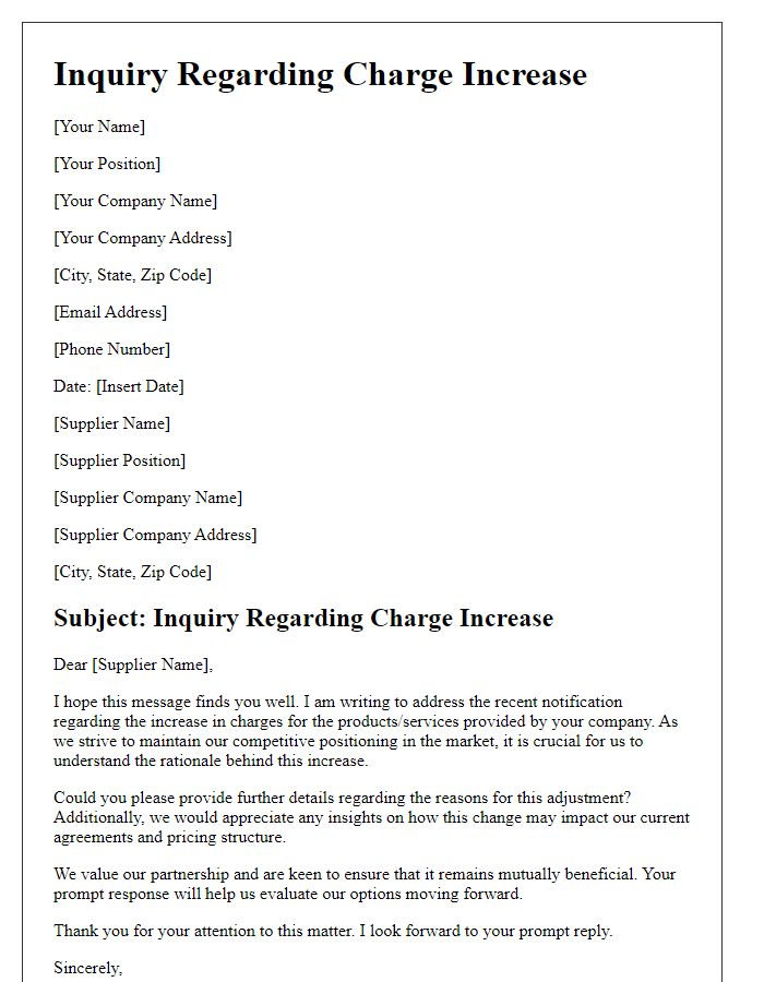 Letter template of supplier charge increase inquiry for competitive positioning