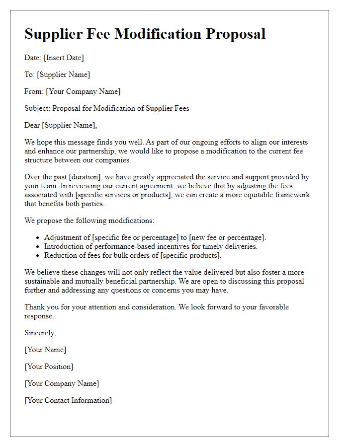 Letter template of supplier fee modification proposal for alignment of interests