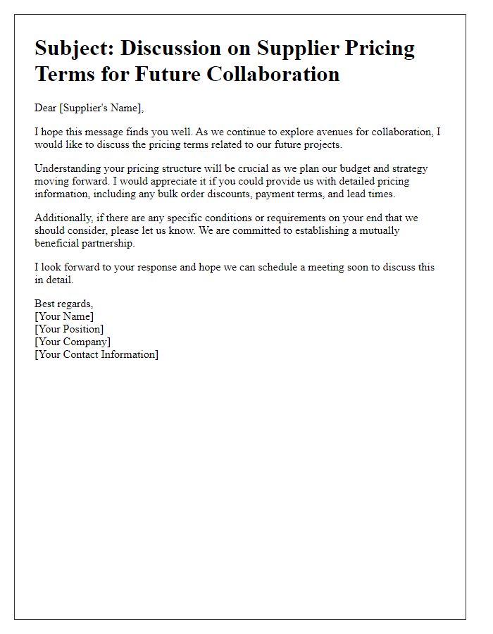 Letter template of supplier pricing terms discussion for future collaboration