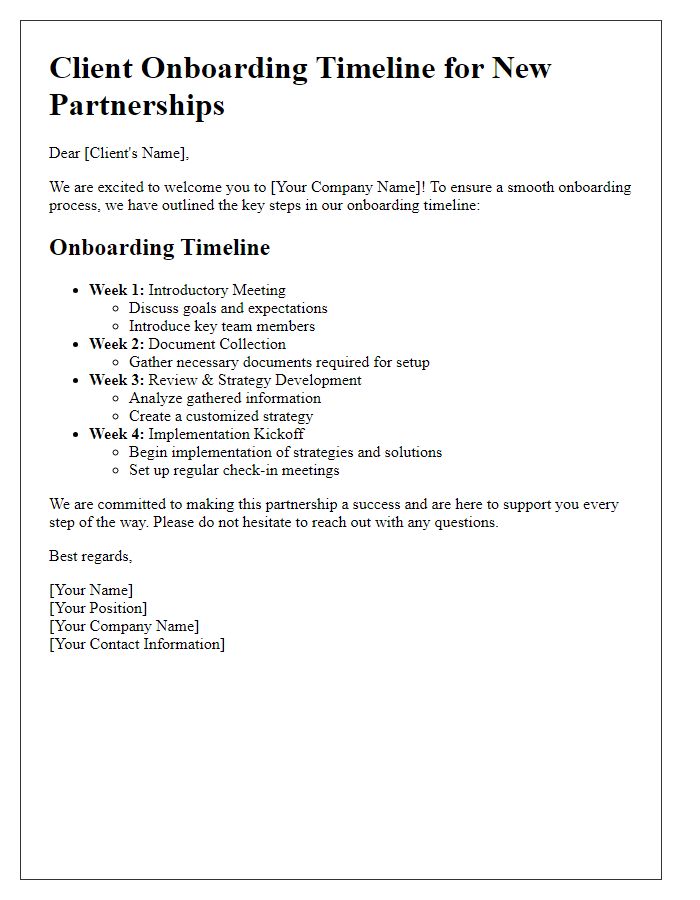 Letter template of client onboarding timeline for new partnerships