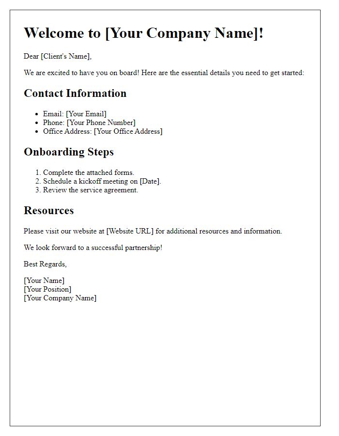 Letter template of essential information for new client onboarding