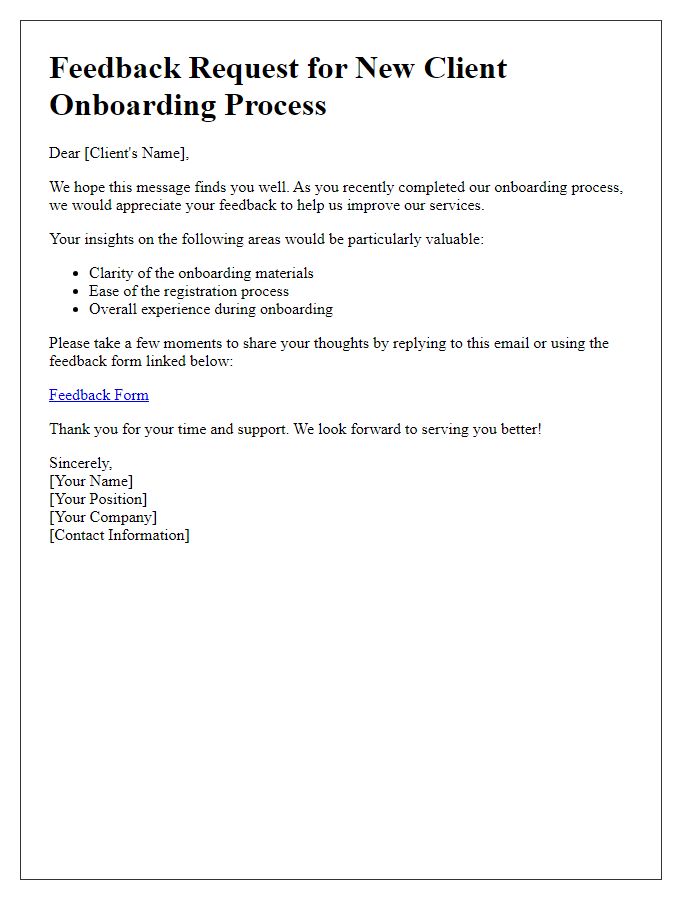 Letter template of feedback request for new client onboarding process