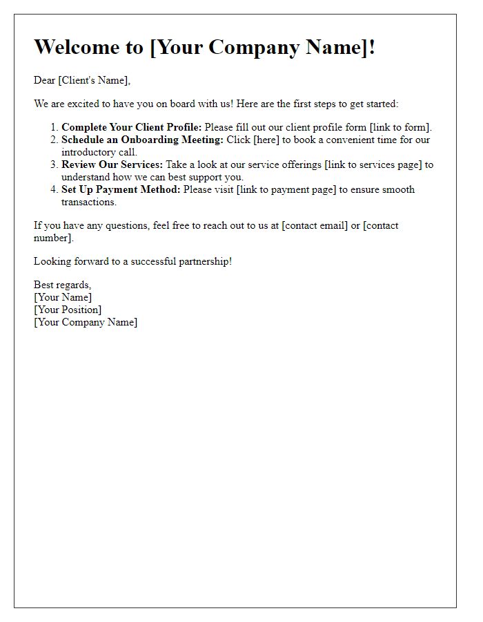 Letter template of first steps for new client onboarding