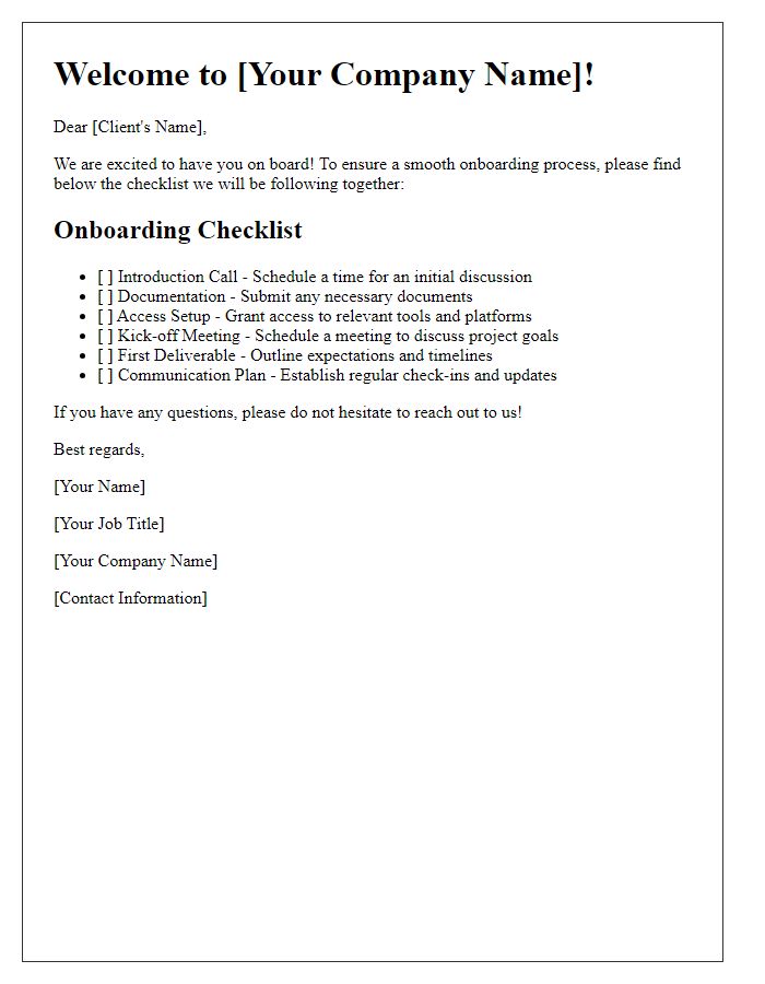 Letter template of onboarding checklist for new clients