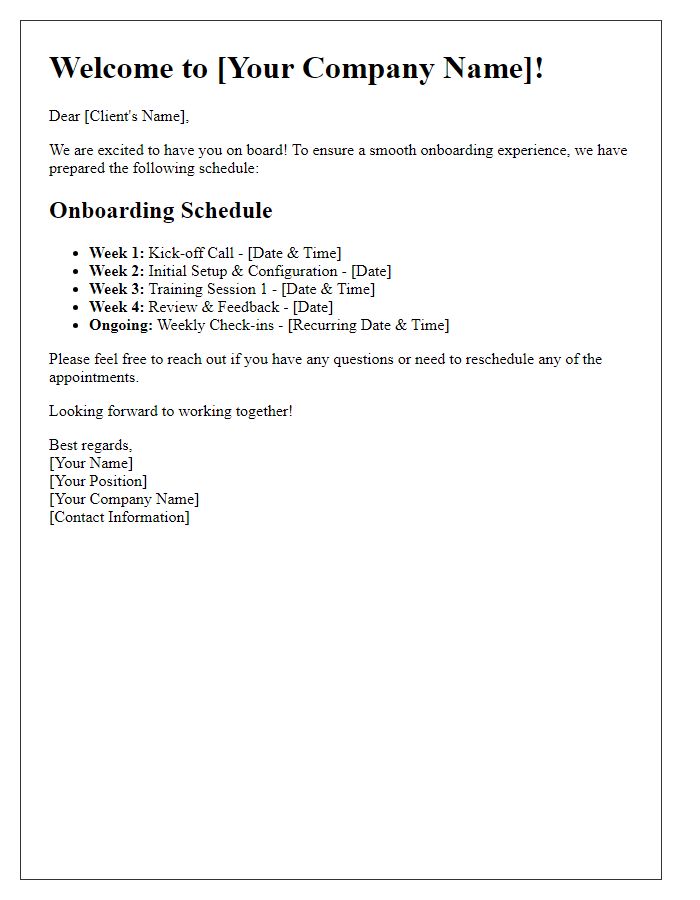 Letter template of onboarding schedule for new clients