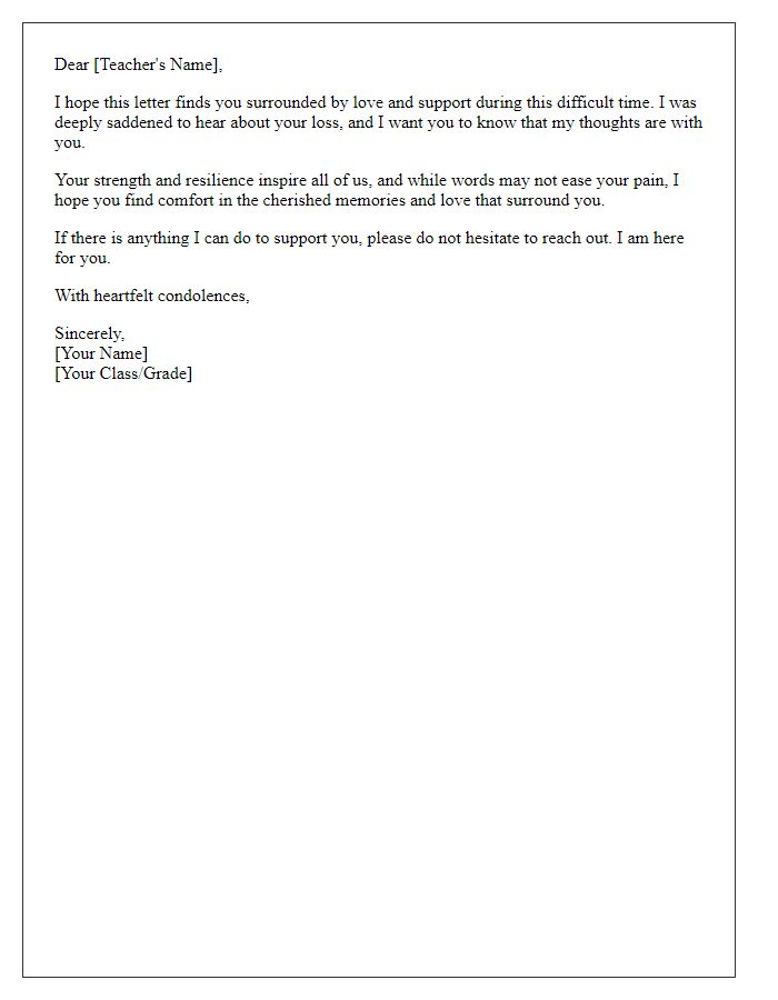 Letter template of a student offering sympathy to a teacher in mourning.