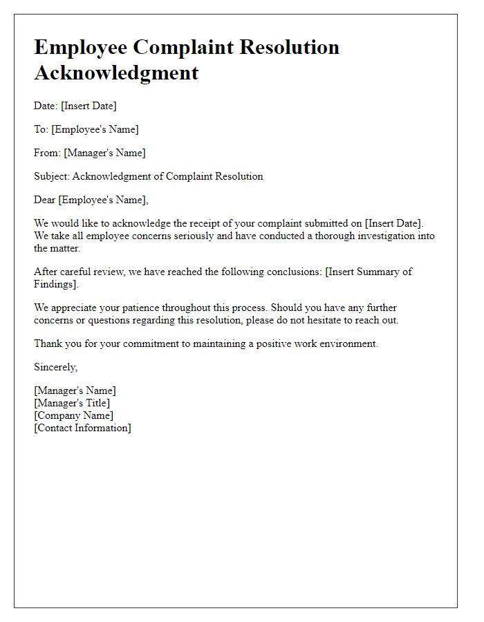 Letter template of employee complaint resolution acknowledgment