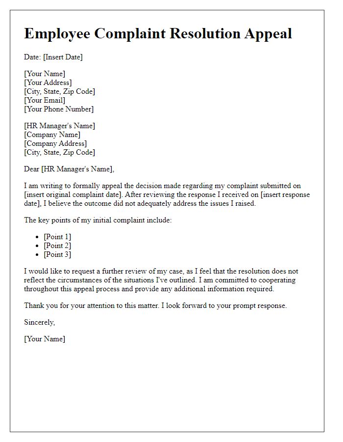 Letter template of employee complaint resolution appeal process