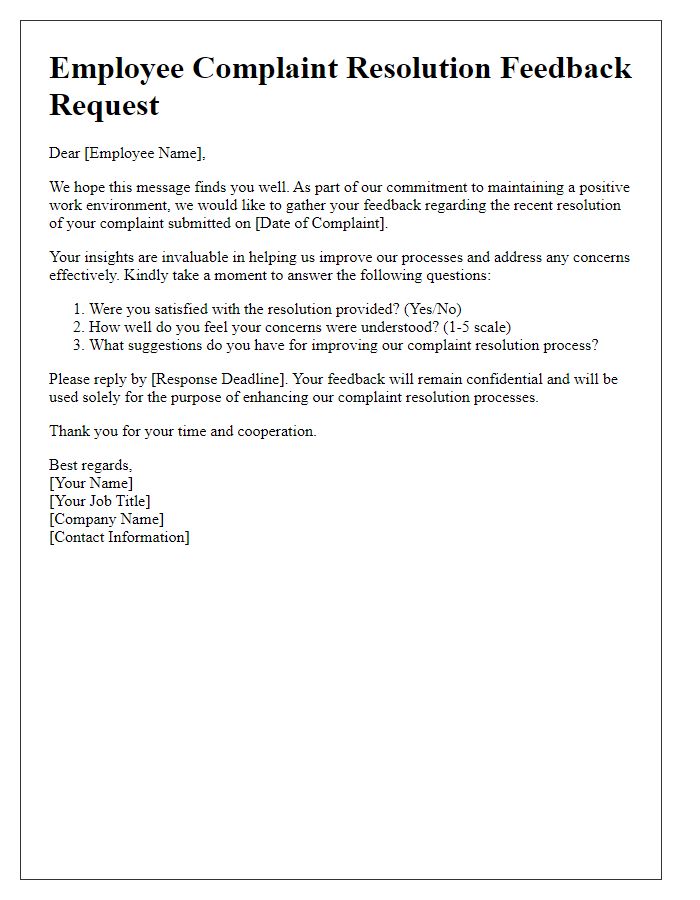 Letter template of employee complaint resolution feedback request