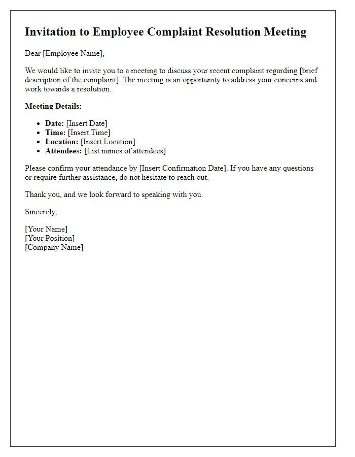 Letter template of employee complaint resolution meeting invitation