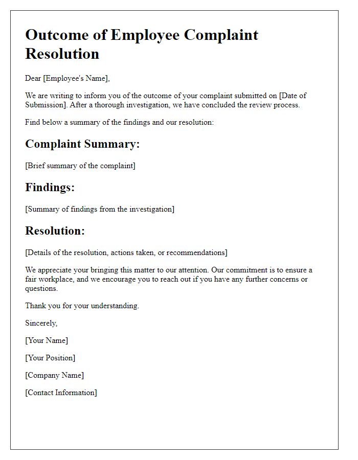 Letter template of employee complaint resolution outcome notification